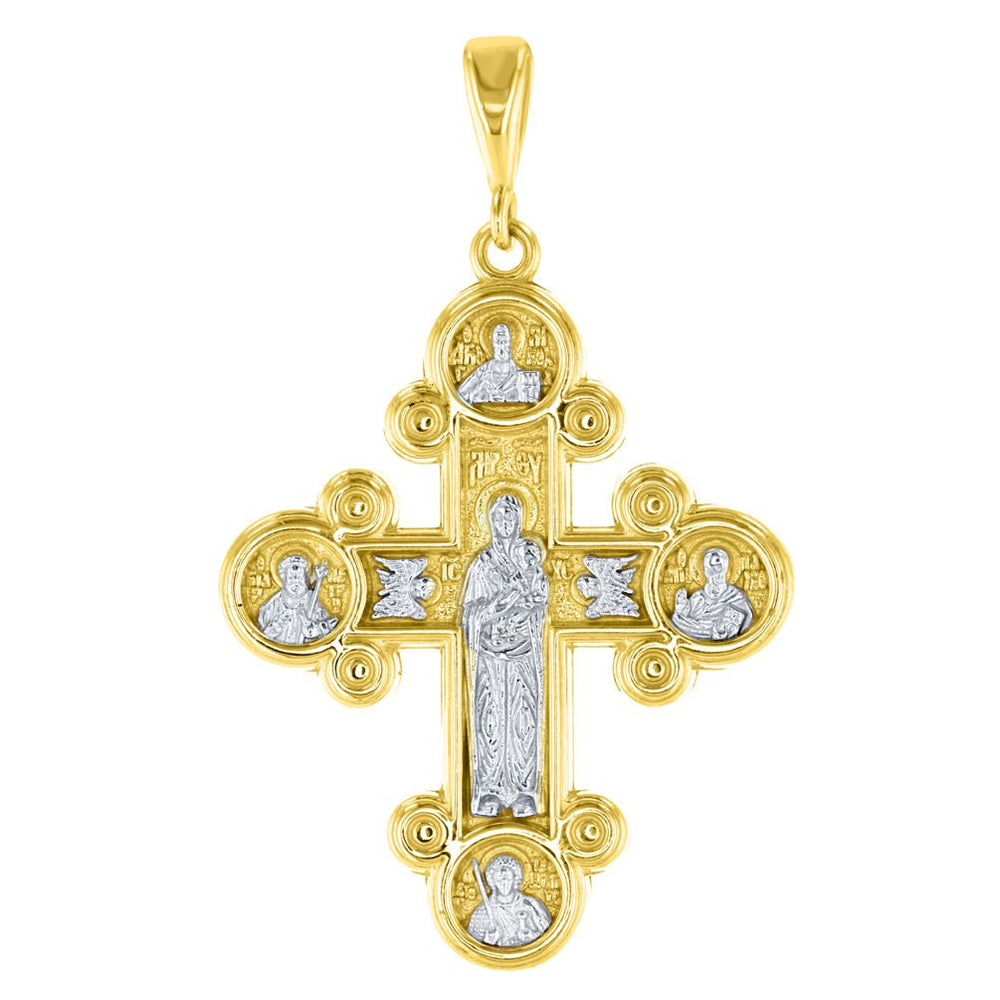 14K Yellow Gold Mary with Jesus Orthodox Cross Pendant