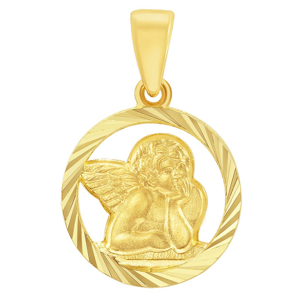 14k Yellow Gold Textured Open Round Guardian Angel Pendant