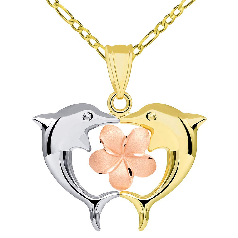 14k Gold High Polish Kissing Dolphins with Hawaiian Plumeria Flower Pendant Figaro Necklace - Tri Color Gold