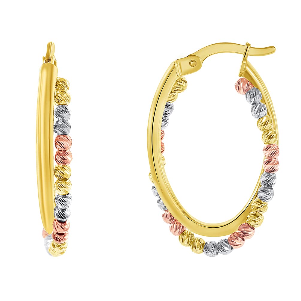 14k Tri-Color Gold Oval Beaded Twist Double Hoop Earrings with Hinged Snap Back (26 x 17mm)