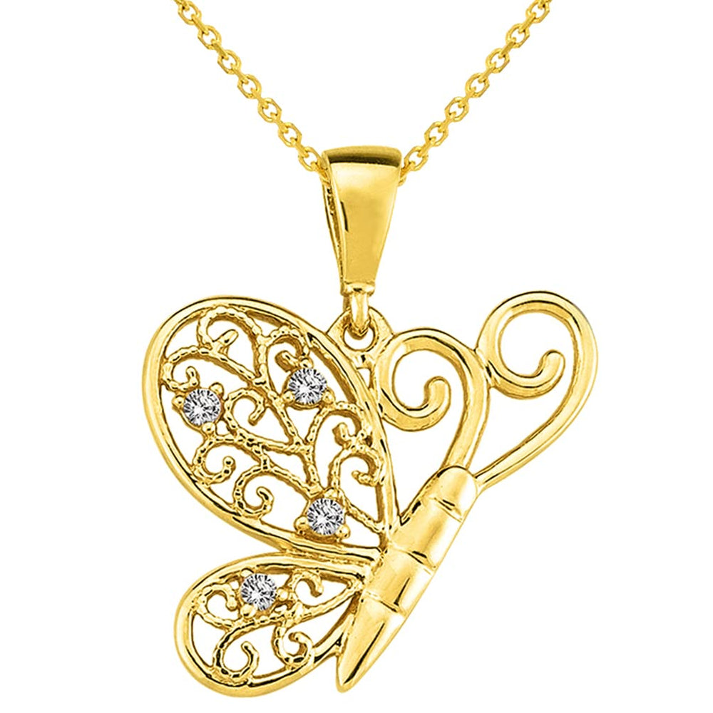 14k Yellow Gold Cubic-Zirconia Filigree Wing Flying Butterfly Pendant Necklace