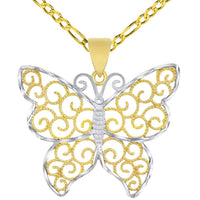 Load image into Gallery viewer, 14k Gold Open Filigree Two-Tone Infinity Butterfly Pendant Figaro Chain Necklace - Yellow Gold
