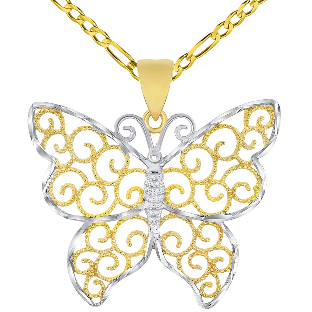 14k Gold Open Filigree Two-Tone Infinity Butterfly Pendant Figaro Chain Necklace - Yellow Gold