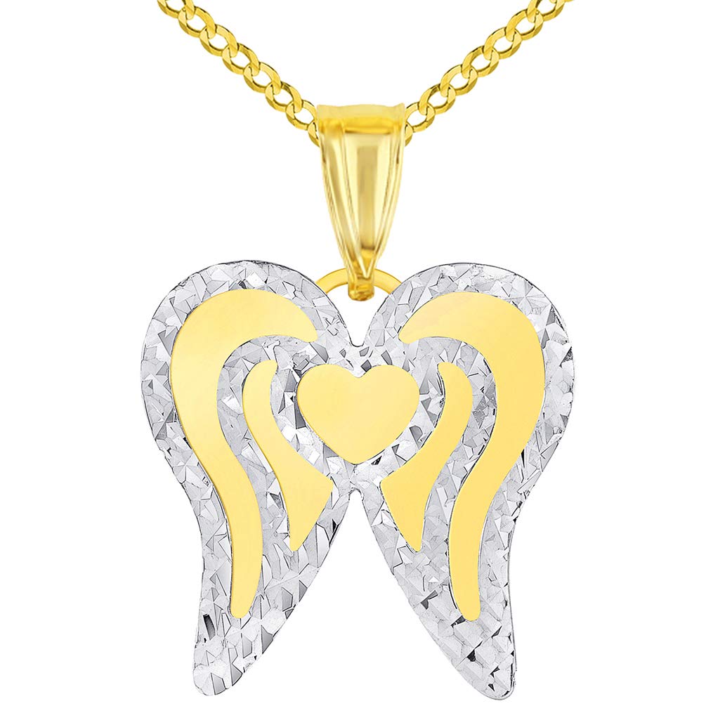 14k Yellow Gold Engravable Personalized Heart with Angel Wings Pendant Curb Chain Necklace