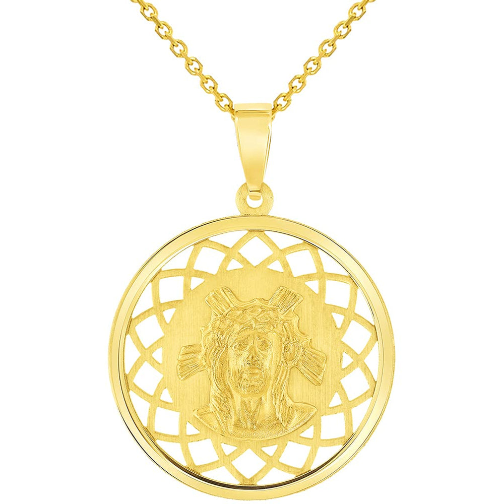 14k Yellow Gold Holy Face of Jesus Christ On Round Open Ornate Miraculous Medal Pendant Necklace