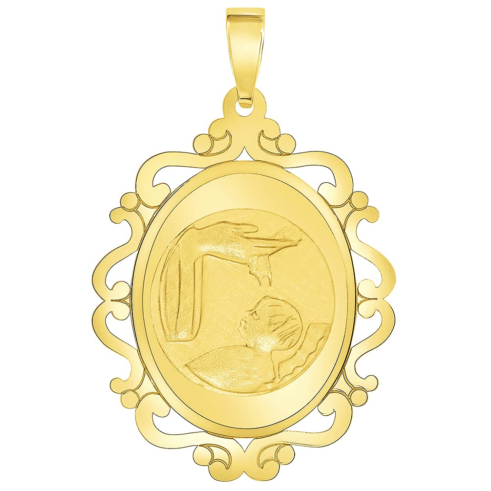 14k Yellow Gold Religious Baptism Christening On Elegant Ornate Medal Pendant (1")