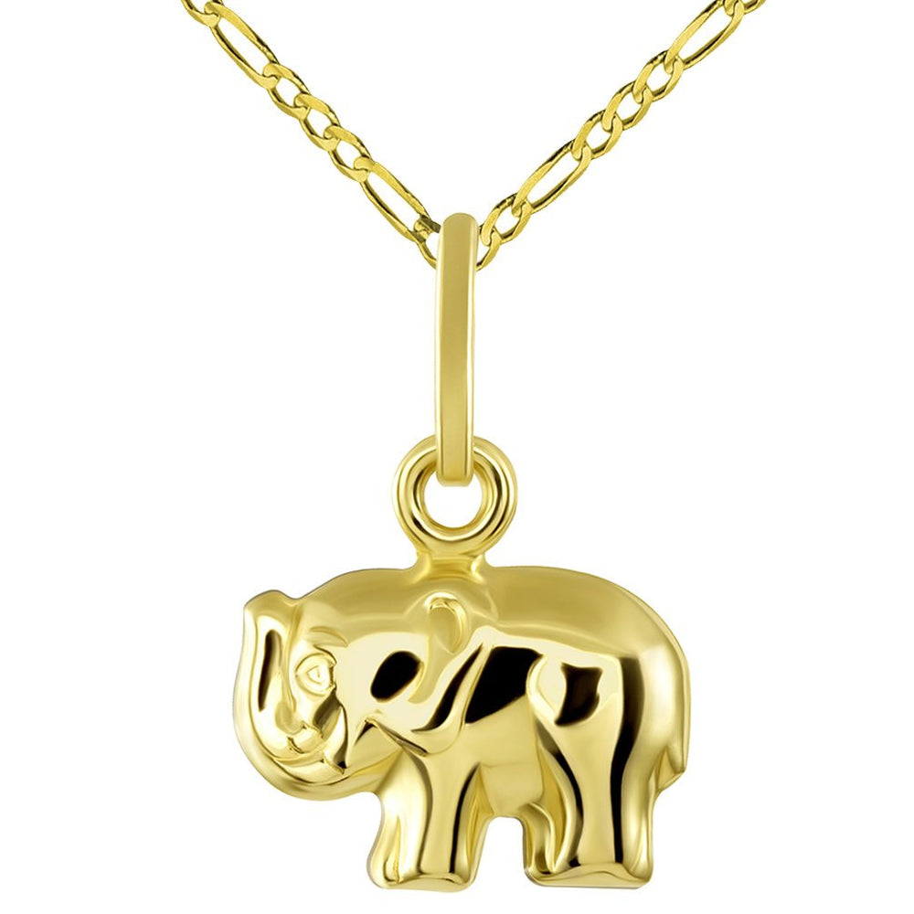 14K Yellow Gold Mini Elephant Charm Feng Shui Symbol Pendant with Figaro Chain Necklace