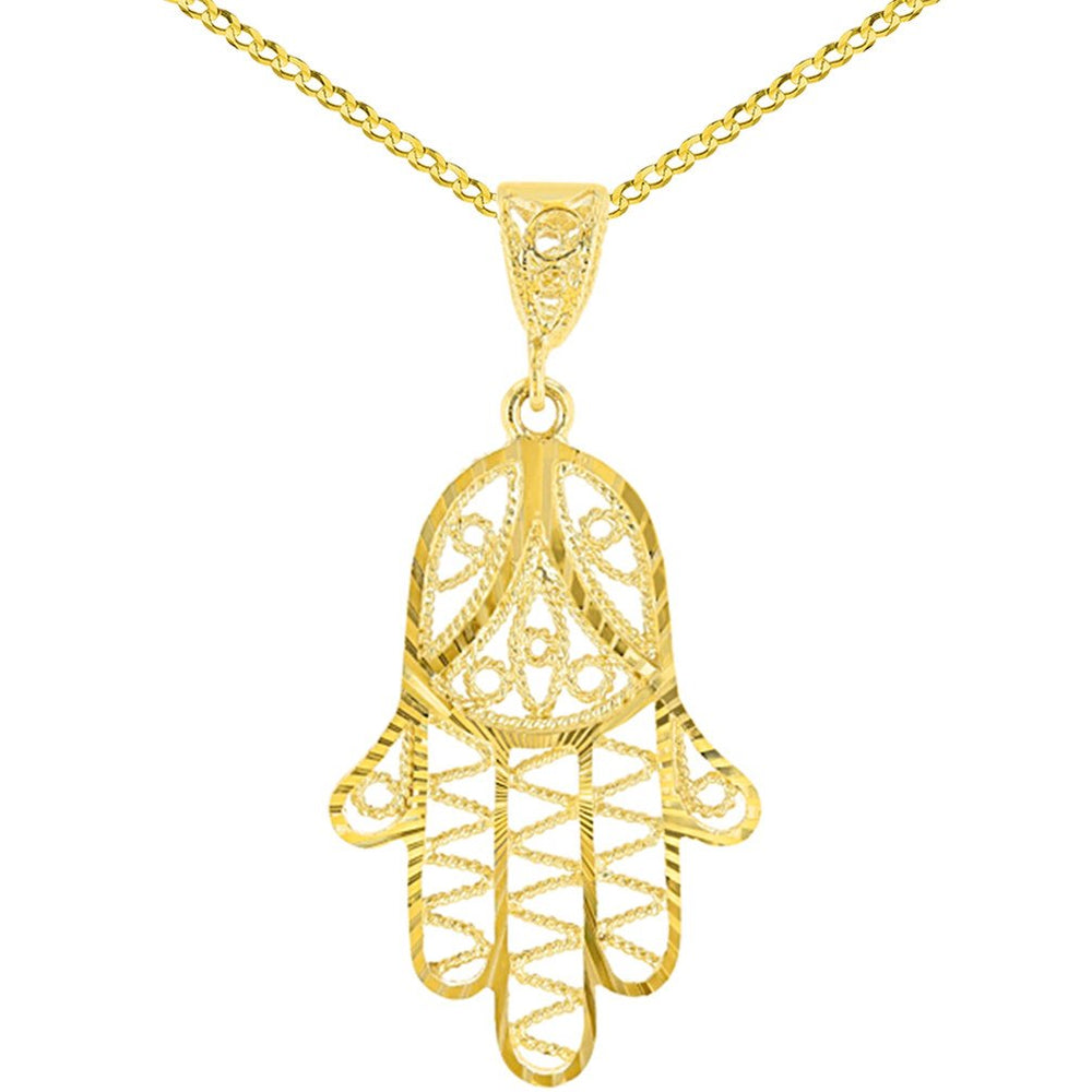 Solid 14K Gold Filigree Hamsa Charm Textured Hand of God Pendant Cuban Chain Necklace - Yellow Gold