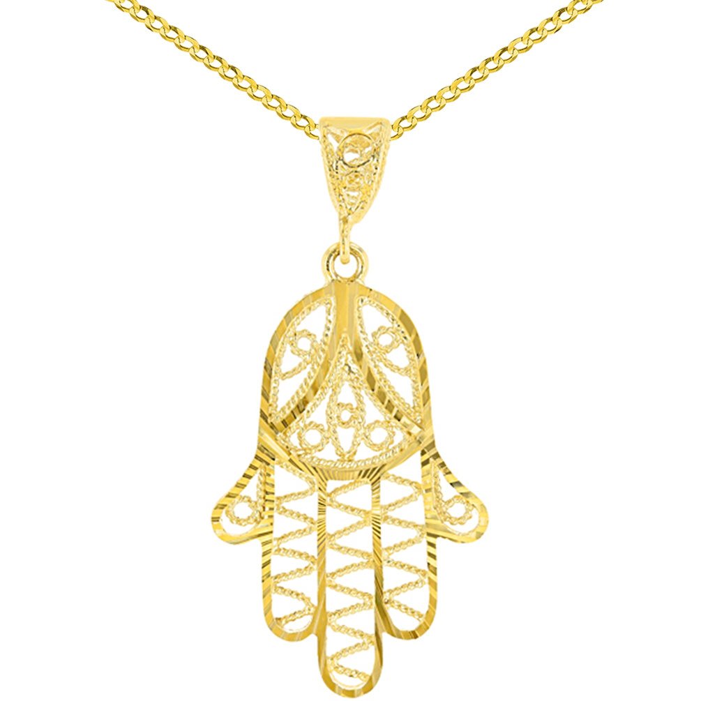 Solid 14K Gold Filigree Hamsa Charm Textured Hand of God Pendant Cuban Chain Necklace - Yellow Gold