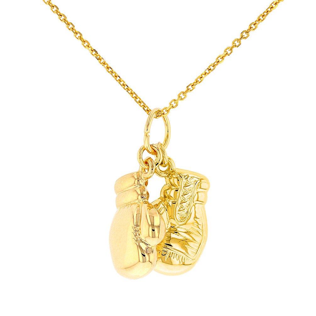 High Polish 14k Gold 3D Boxing Gloves Charm Sports Pendant Necklace - Yellow Gold
