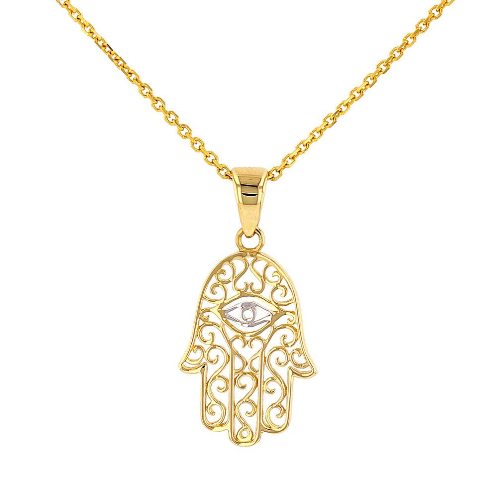 Solid 14K Gold Filigree Hamsa Hand of Fatima with Evil Eye Pendant Necklace