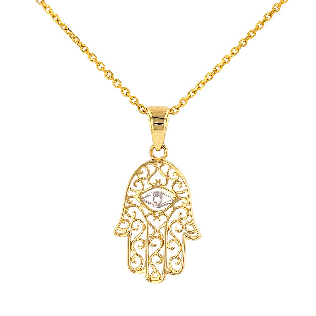 Solid 14K Gold Filigree Hamsa Hand of Fatima with Evil Eye Pendant Necklace