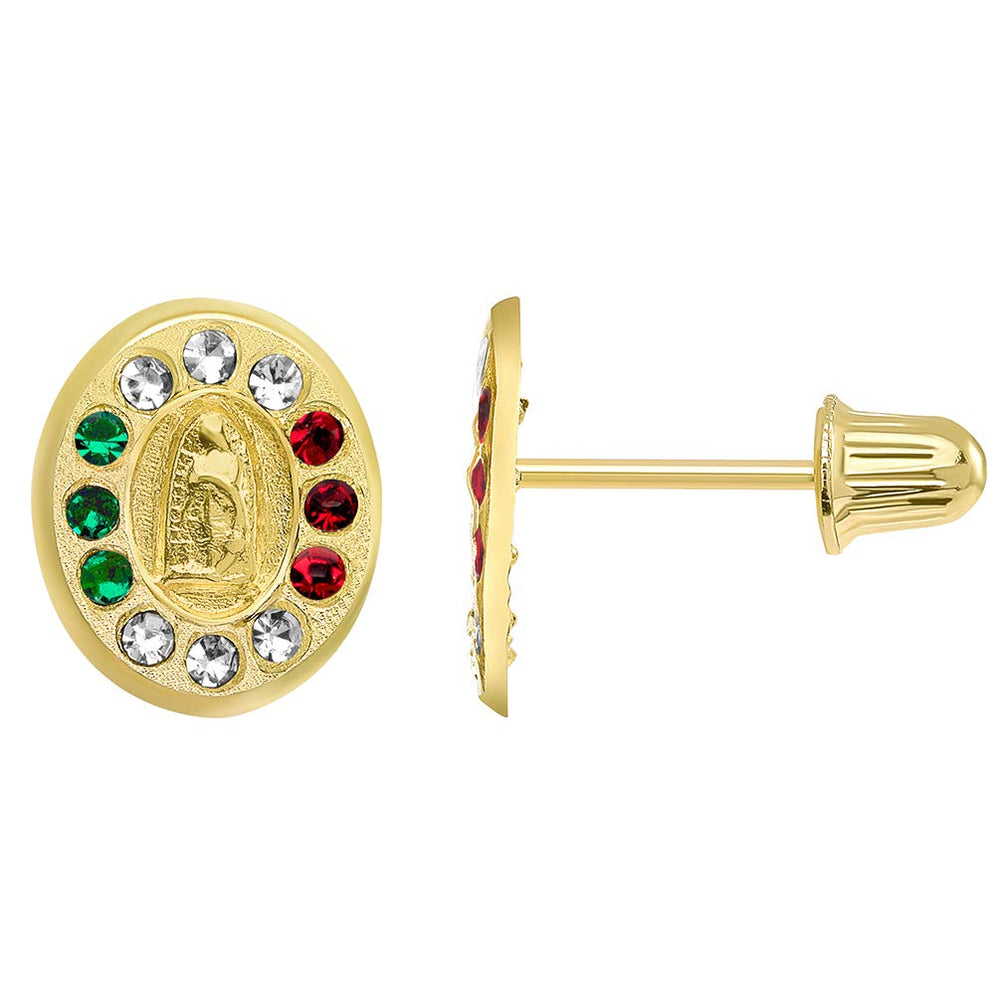 14k Yellow Gold Green, Red, and White Cubic Zirconia Oval Our Lady Of Guadalupe Stud Earrings with Screw Back