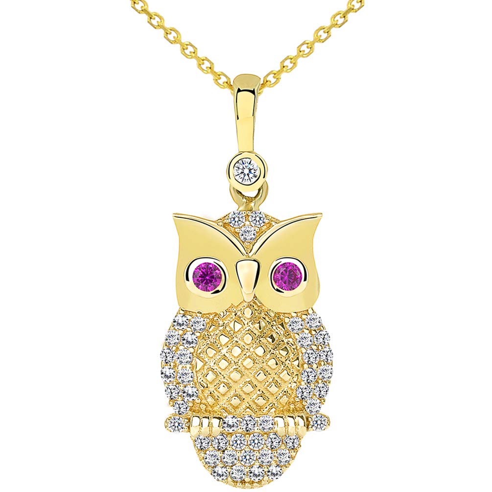 14K Yellow Gold CZ Elegant Owl Animal Pendant Necklace