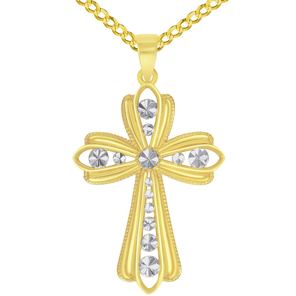 14k Yellow Gold Dazzling Two-Tone Religious Cross Pendant with Cuban Curb Chain Necklace