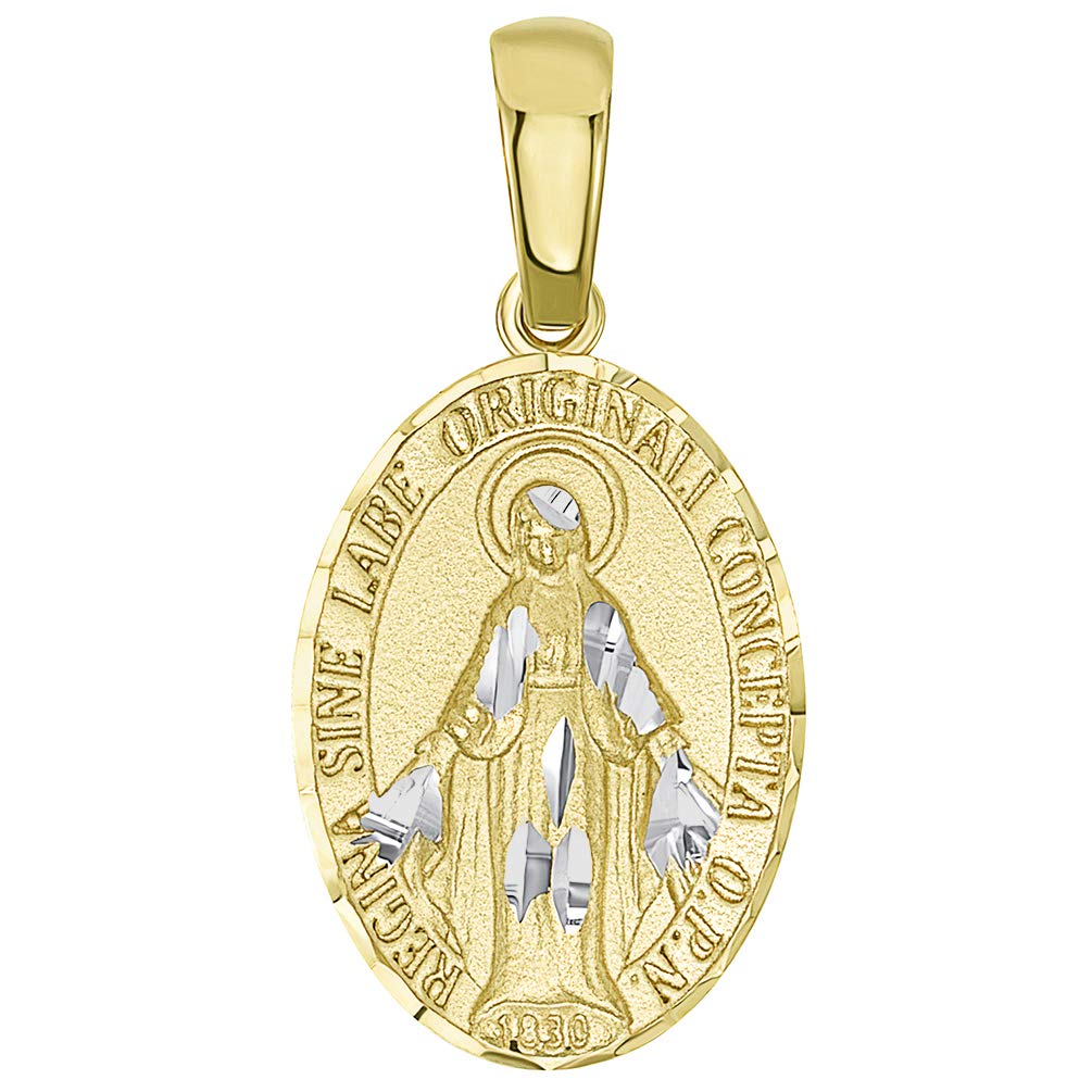 14k Yellow Gold Traditional Virgin Mary Miraculous Catholic Medal Charm Pendant (Small)