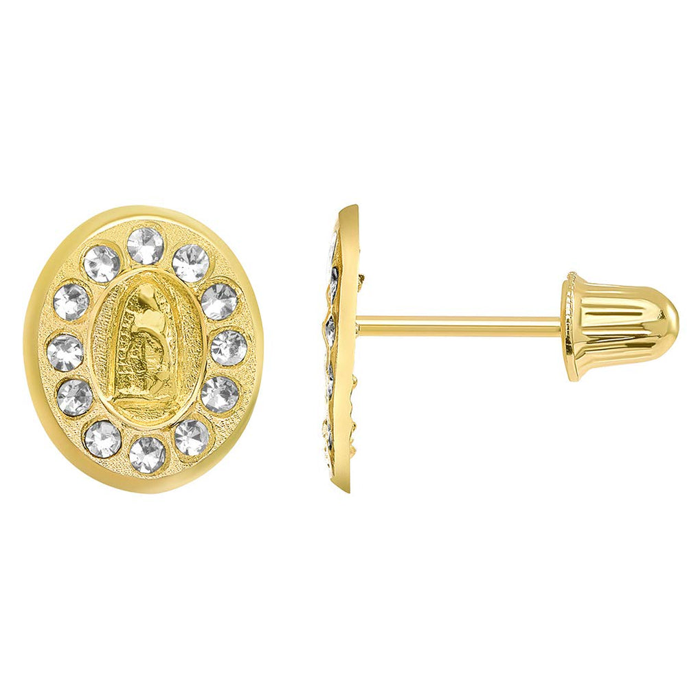 14k Yellow Gold Cubic Zirconia Oval Our Lady Of Guadalupe Stud Earrings with Screw Back
