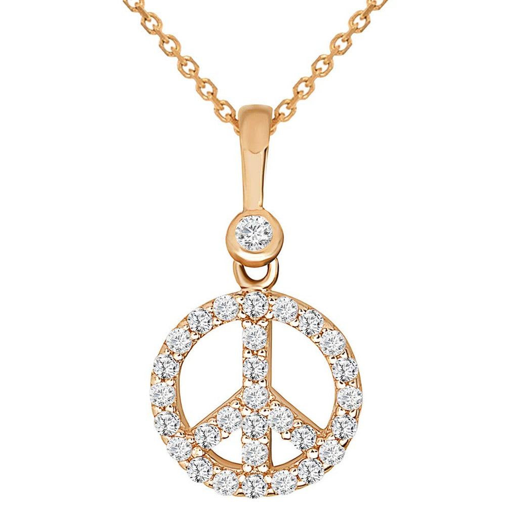 Solid 14k Rose Gold Mini Peace Symbol Charm Pendant Necklace with Cubic Zirconia