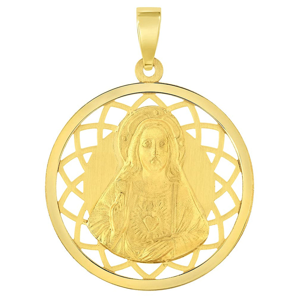 14k Yellow Gold Sacred Heart of Jesus Christ On Round Open Ornate Miraculous Medal Pendant