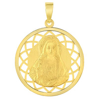 Load image into Gallery viewer, 14k Yellow Gold Sacred Heart of Jesus Christ On Round Open Ornate Miraculous Medal Pendant Necklace
