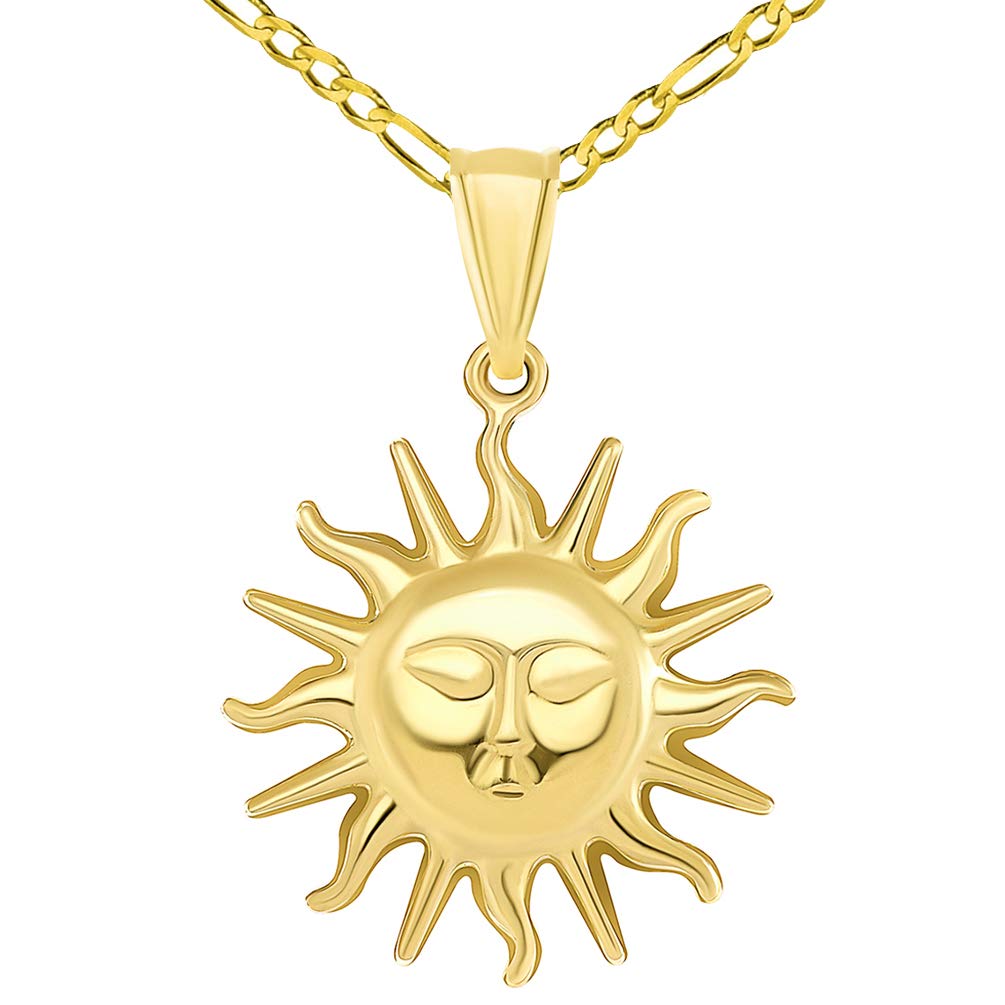 High Polish 14k Yellow Gold 2D Sixteen Rays Sun Face Pendant with Figaro Chain Necklace