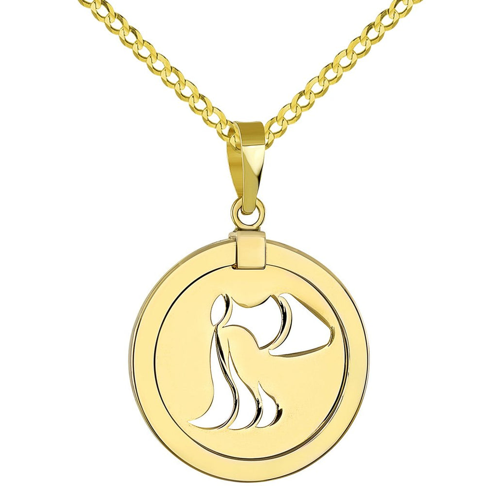 High Polished 14K Yellow Gold Reversible Round Aquarius Zodiac Sign Pendant with Cuban Chain Necklace