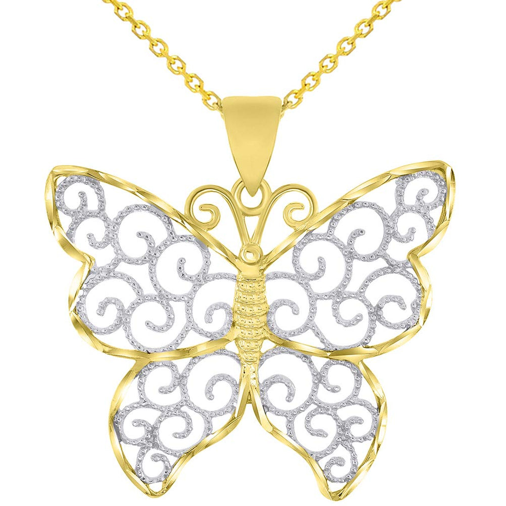 14k Yellow Gold Open Filigree Two-Tone Infinity Butterfly Pendant Necklace