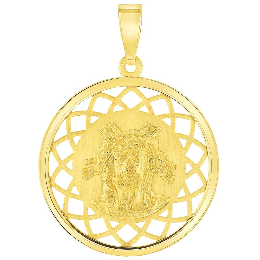 14k Yellow Gold Holy Face of Jesus Christ On Round Open Ornate Miraculous Medal Pendant