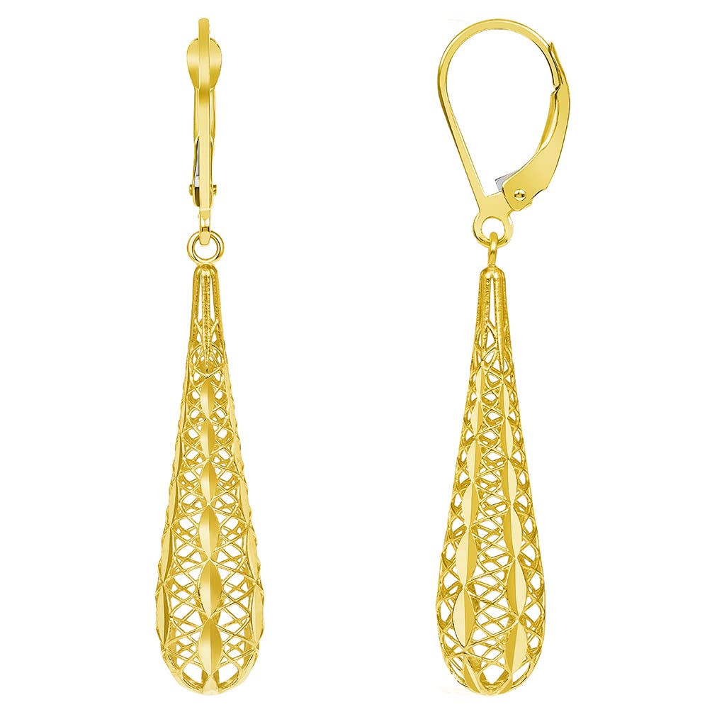 14k Yellow Gold Textured Openwork Teardrop Dangle Drop Earrings, 7.5mm