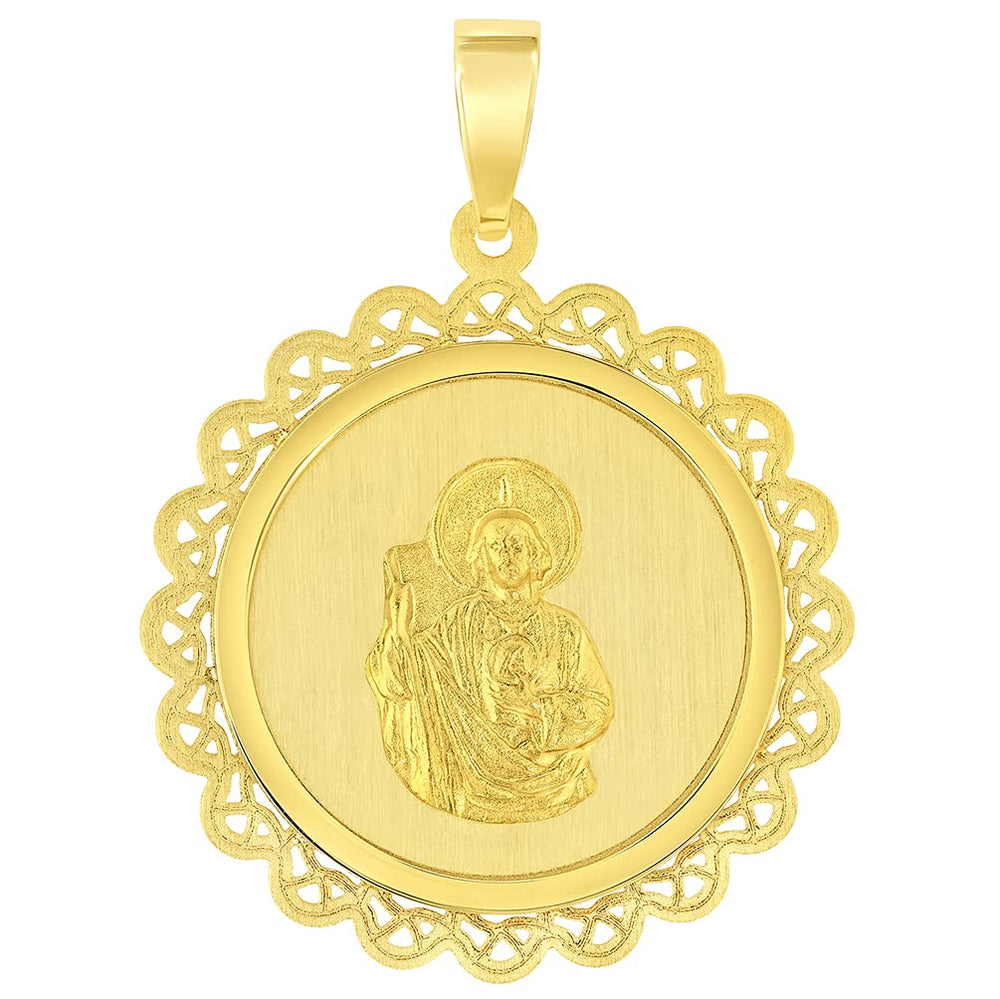 14k Yellow Gold Round Ornate Miraculous Medal of Saint Jude Thaddeus the Apostle Pendant (1")