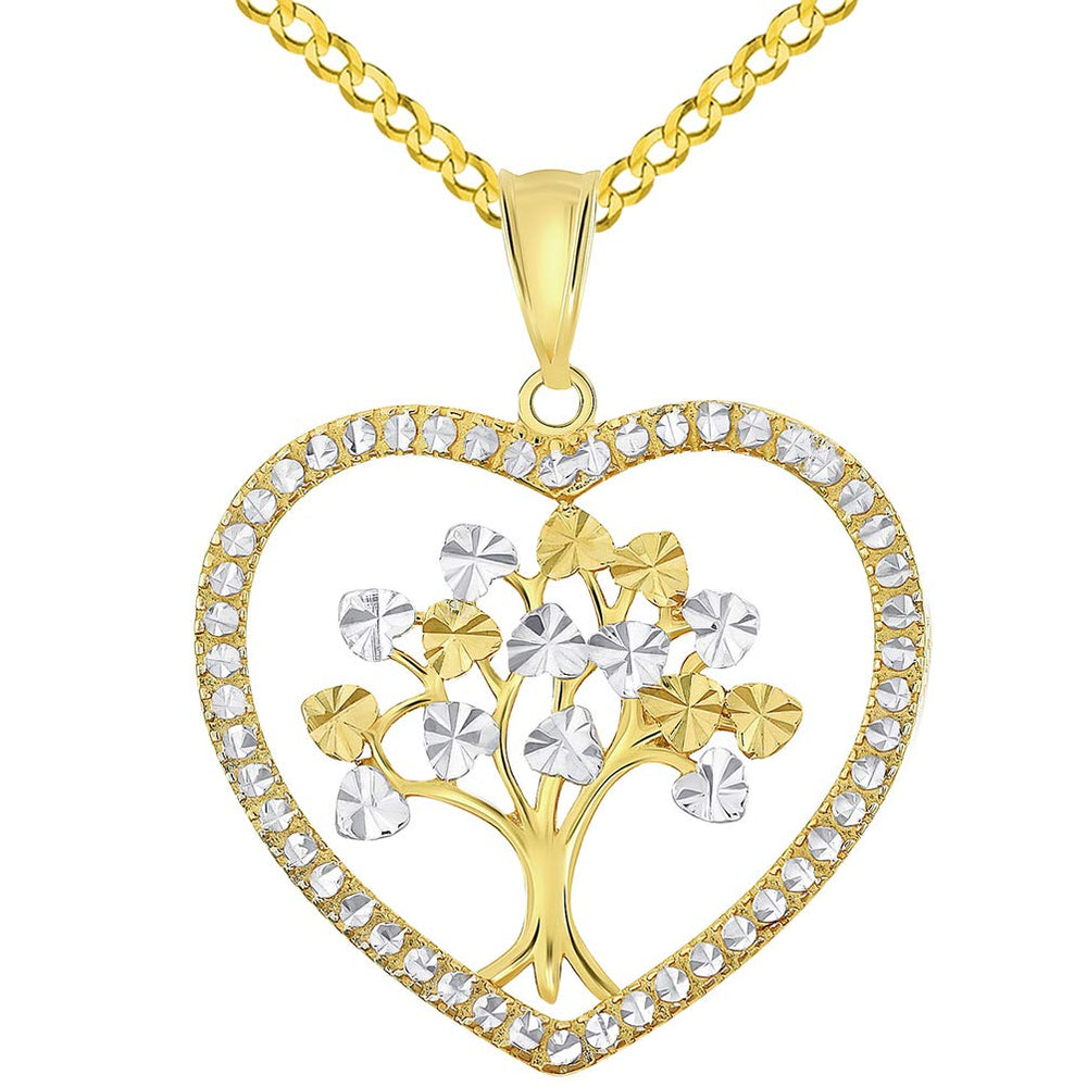 14k Yellow Gold Textured Two Tone Tree of Life Inside Heart Pendant with Curb Chain Necklace