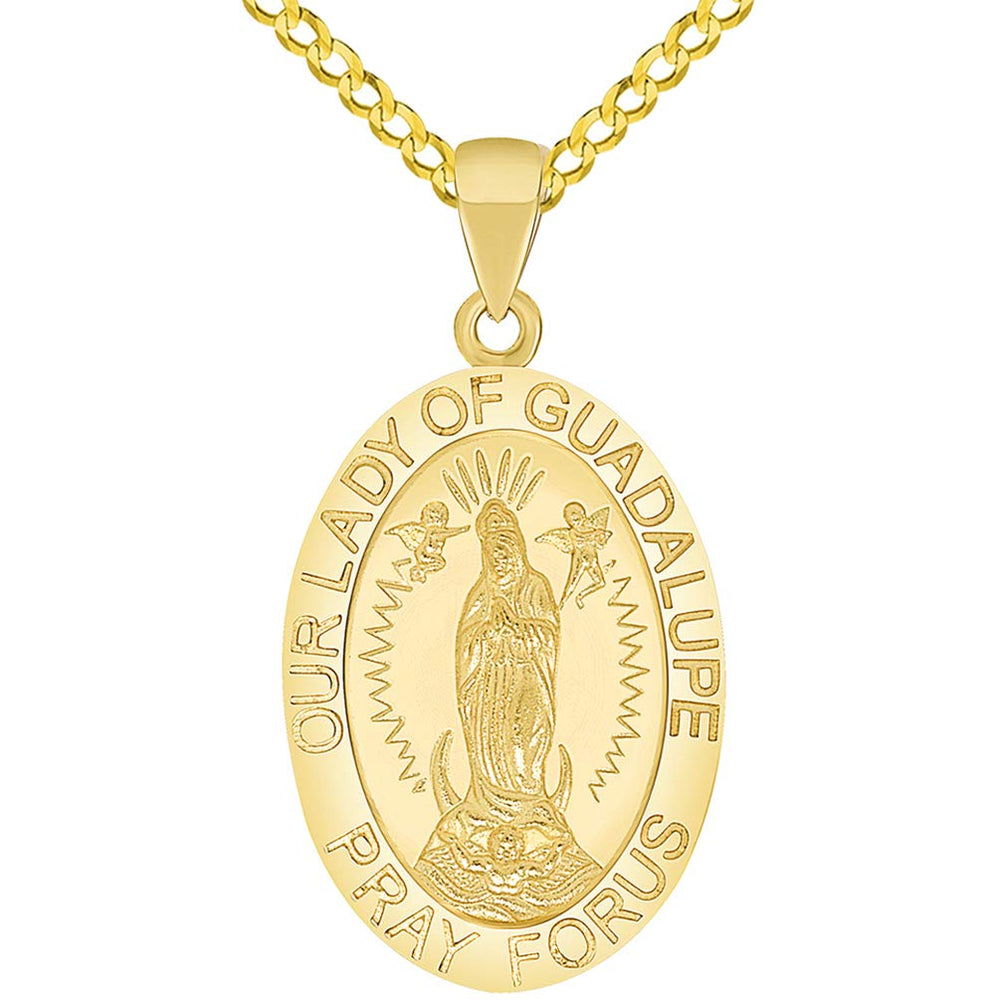 Solid 14k Yellow Gold Small Our Lady Of Guadalupe Pray For Us Miraculous Medal Pendant with Curb Chain Necklace
