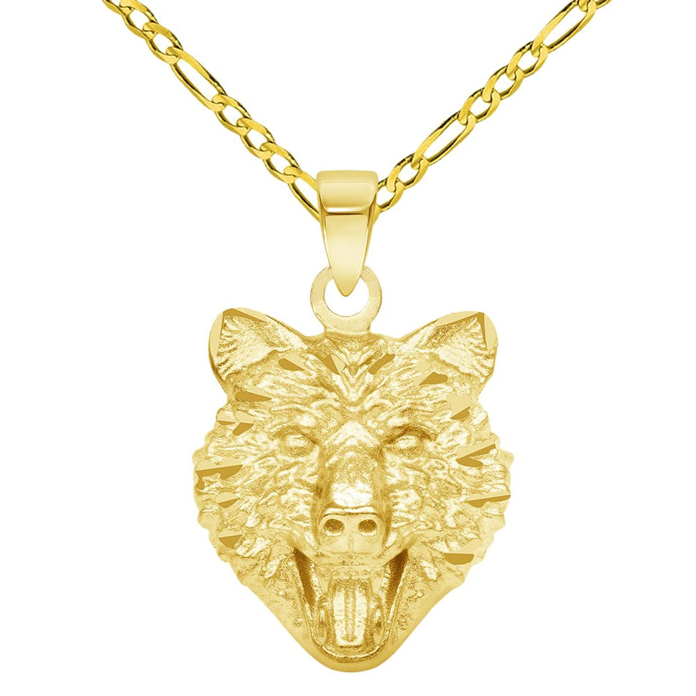 14k Yellow Gold Mini Wolf Head Charm Animal Pendant with Figaro Chain Necklace