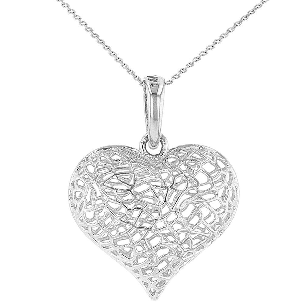 Textured 14k White Gold Puffed Filigree Heart Charm Pendant Necklace