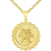 Load image into Gallery viewer, 14k Yellow Gold Holy Face of Jesus Christ On Round Ornate Miraculous Medal Pendant with Figaro Chain Necklace
