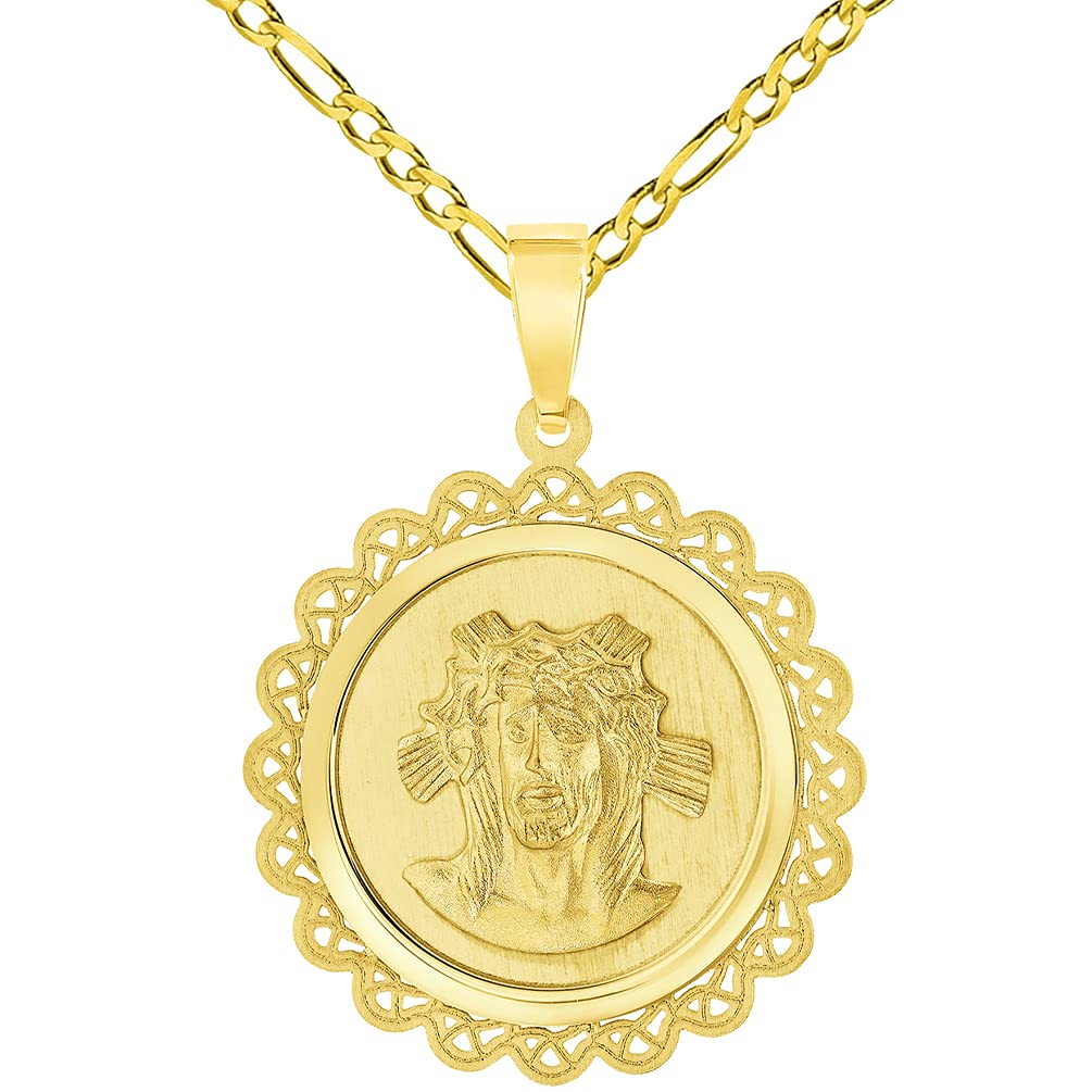 14k Yellow Gold Holy Face of Jesus Christ On Round Ornate Miraculous Medal Pendant with Figaro Chain Necklace