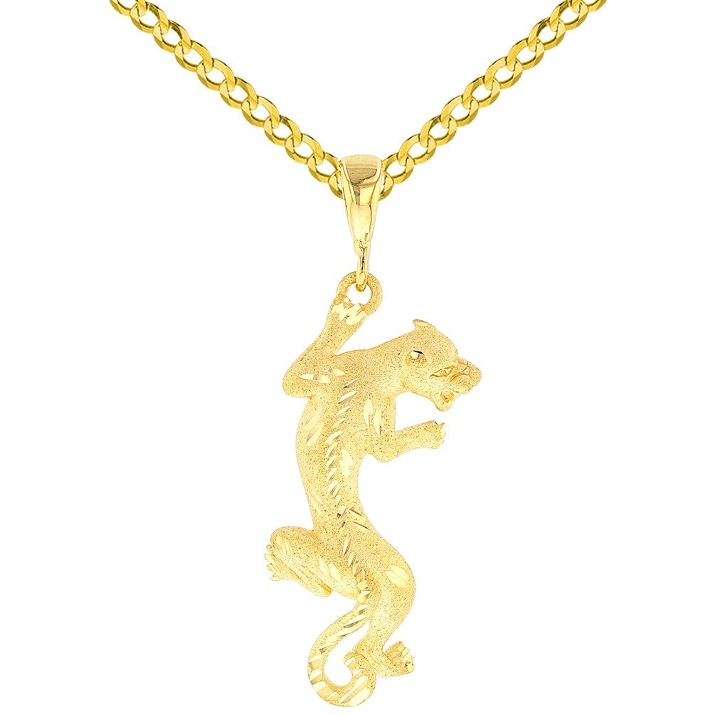 14K Yellow Gold Textured Vertical Panther Charm Animal Pendant with Cuban Chain Necklace