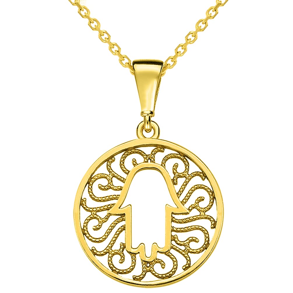 14k Yellow Gold Round Filigree Hamsa Hand of Fatima Pendant Necklace