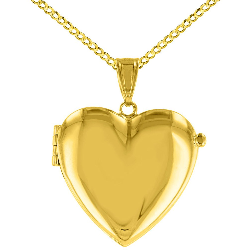 Solid 14K Yellow Gold Heart Shaped Locket Charm Pendant with Cuban Chain Necklace