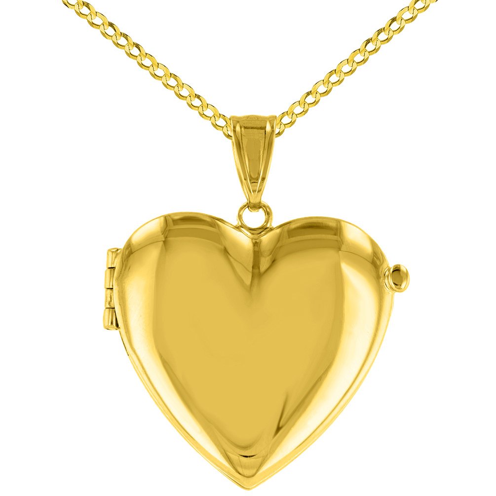Solid 14K Yellow Gold Heart Shaped Locket Charm Pendant with Cuban Chain Necklace