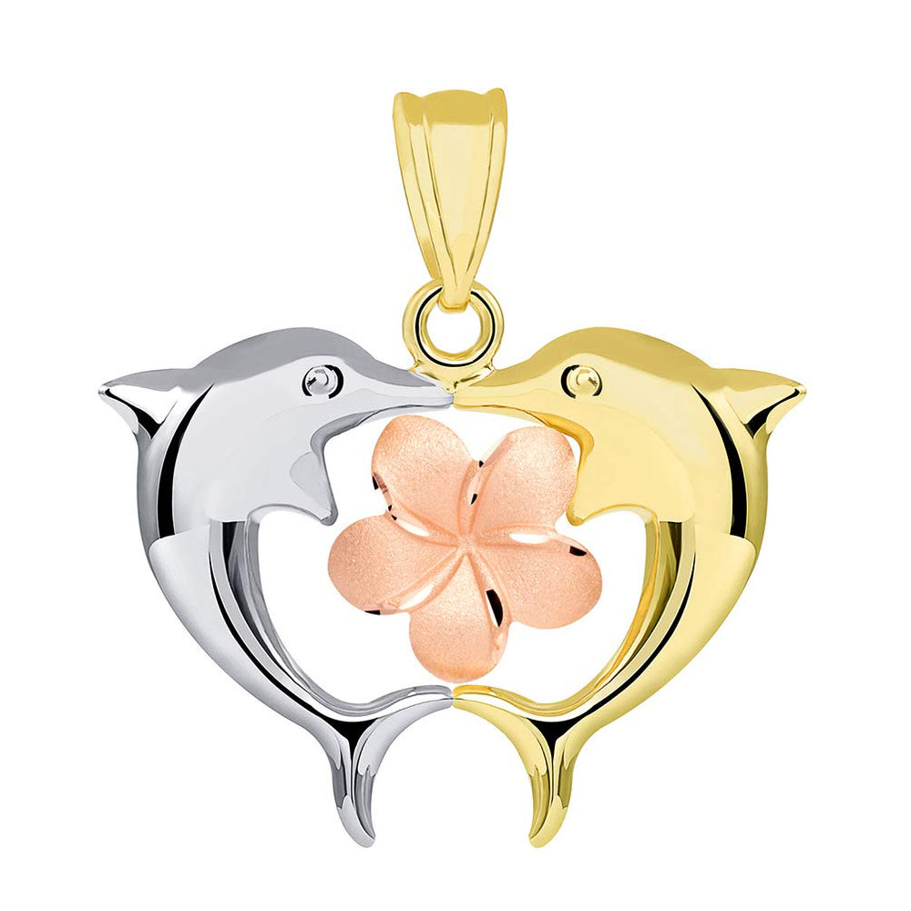 14k Gold Kissing Dolphins with Hawaiian Plumeria Flower Pendant - Tri Color Gold