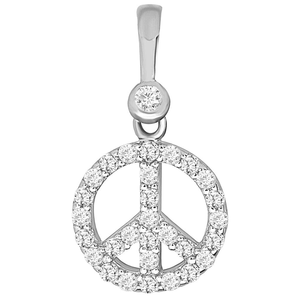Solid 14k White Gold Mini Peace Symbol Charm Pendant with Cubic Zirconia