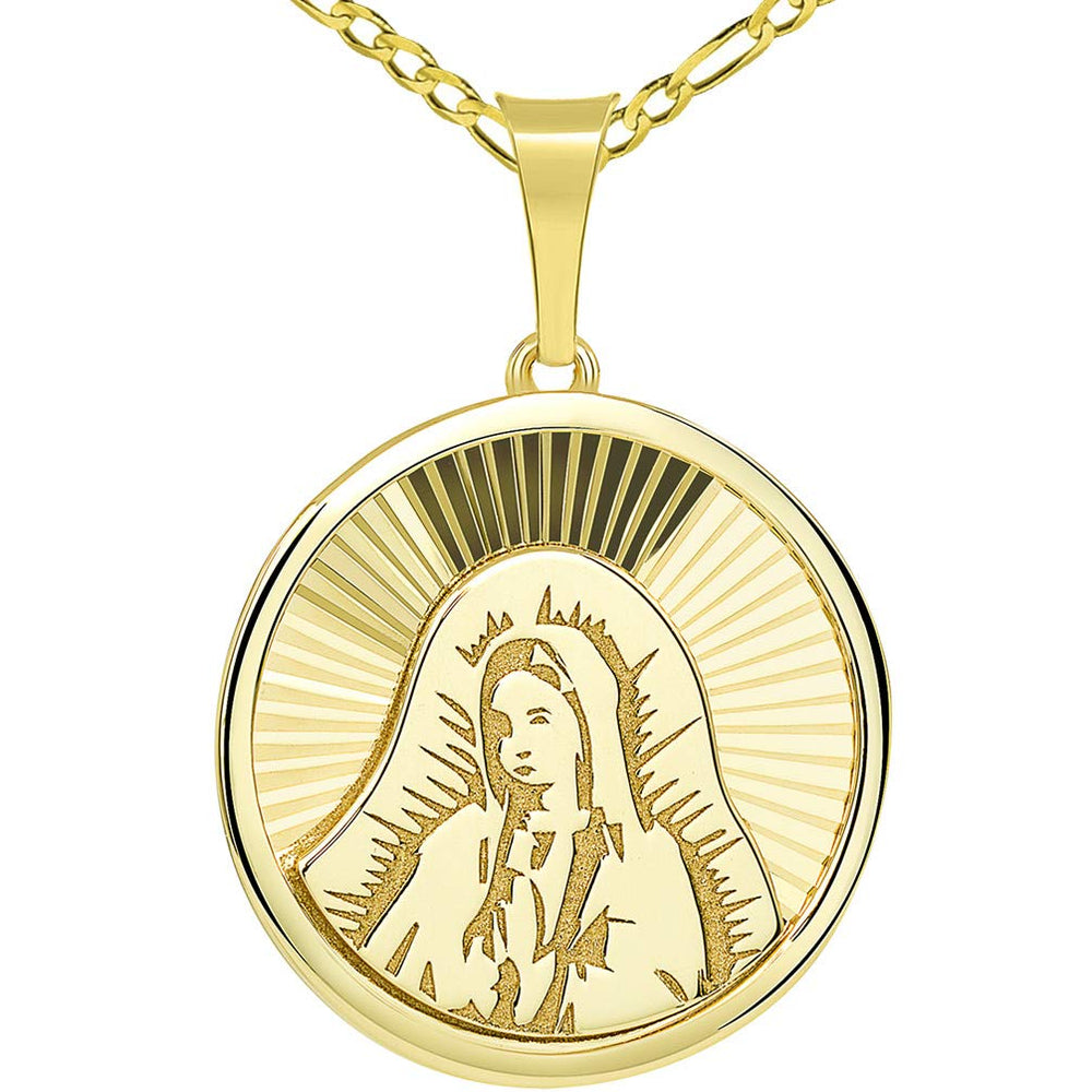 14k Gold Hand Engraved Our Lady Of Guadalupe Miraculous Round Medal Pendant with Figaro Chain Necklace - Yellow Gold