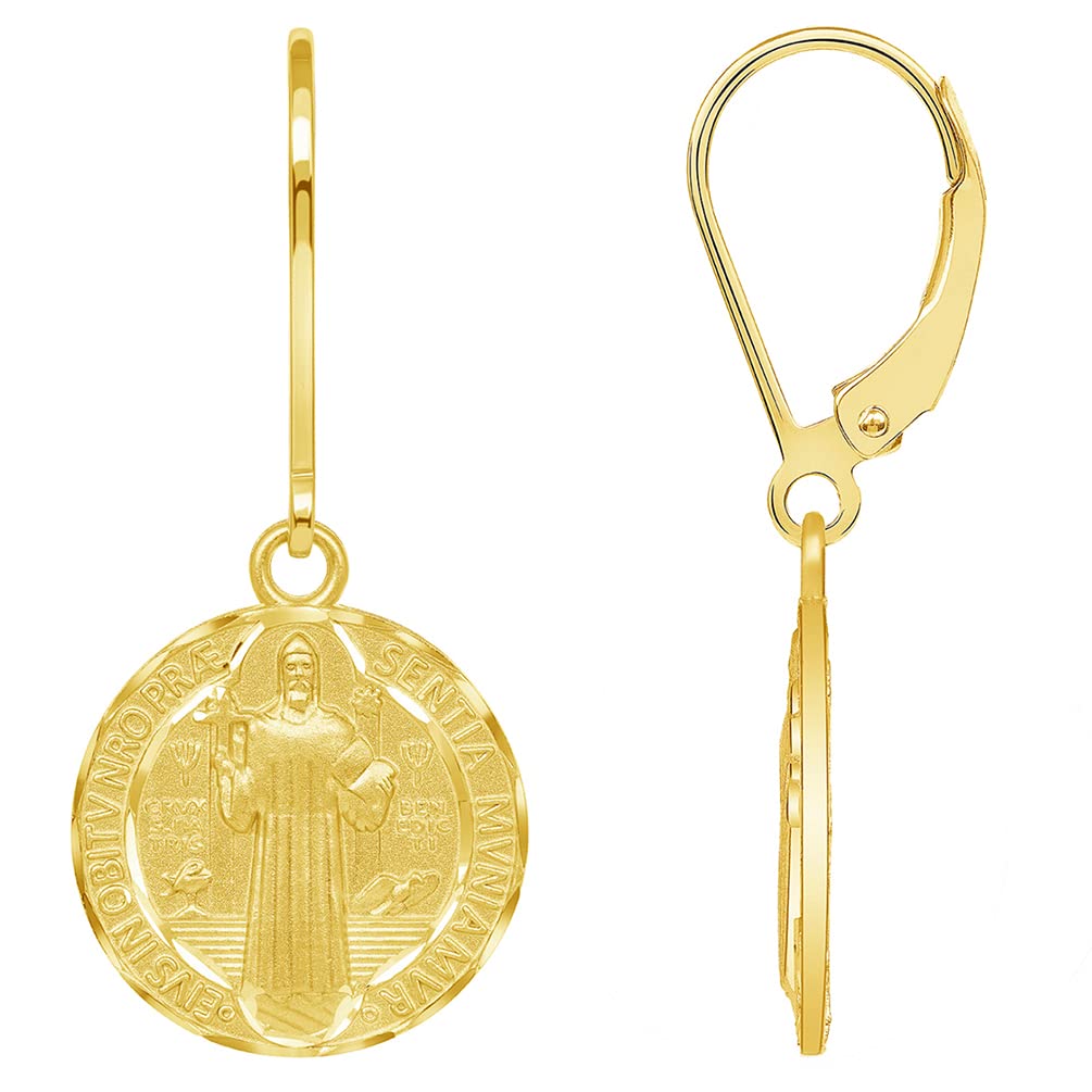 Solid 14k Yellow Gold Round Shaped St. Benedict Medallion Dangle Drop Earrings with Lever back (Reversible)