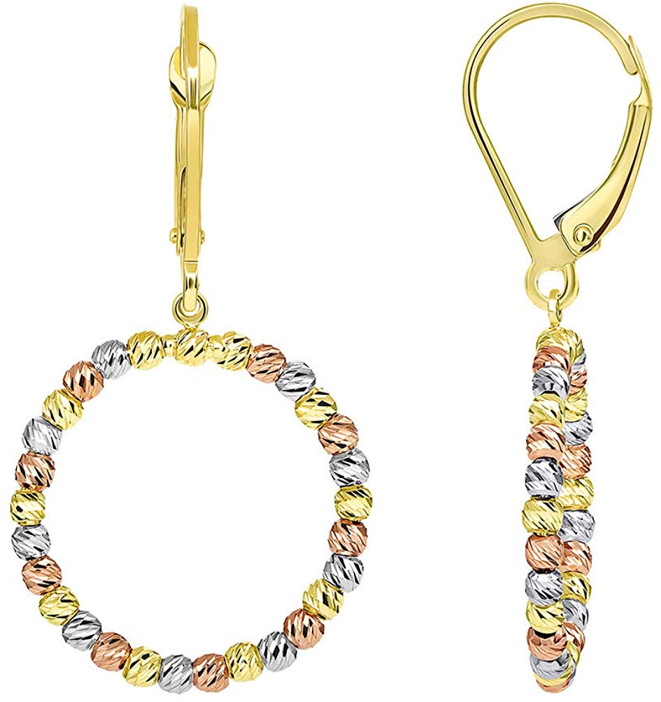 Textured 14k Tri Color Gold Fancy Beaded Hoop Dangle Drop Earrings with Leverback, (19mm x 35.5mm)