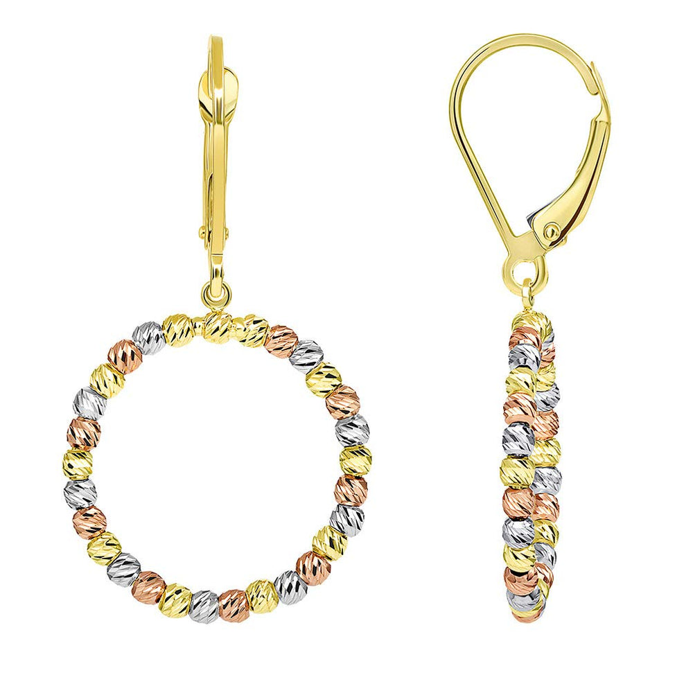 Textured 14k Gold Fancy Beaded Hoop Dangle Drop Earrings with Leverback, (19mm x 35.5mm) - Tri Color Gold