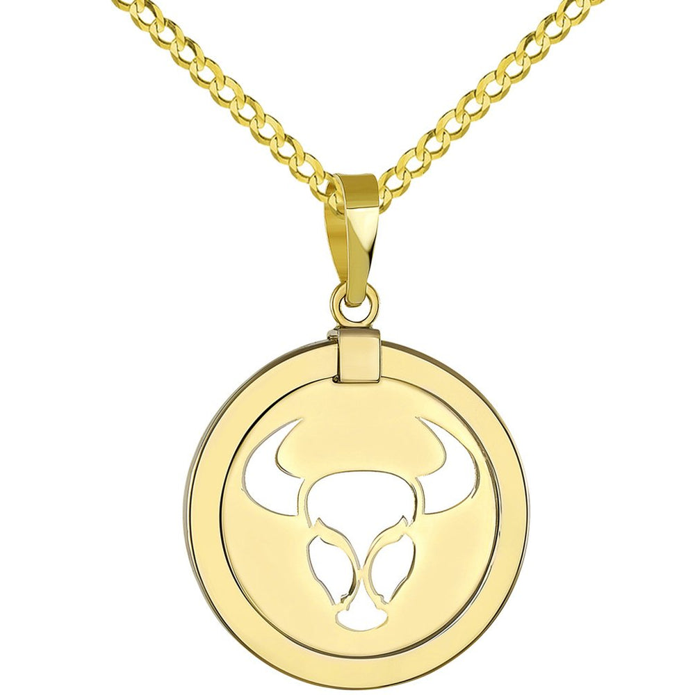 High Polished 14K Yellow Gold Reversible Round Bull Taurus Zodiac Sign Pendant with Cuban Chain Necklace