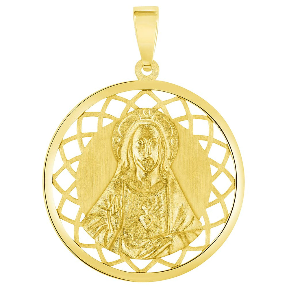 14k Yellow Gold Sacred Heart of Jesus Christ On Round Open Ornate Miraculous Medal Pendant (1")