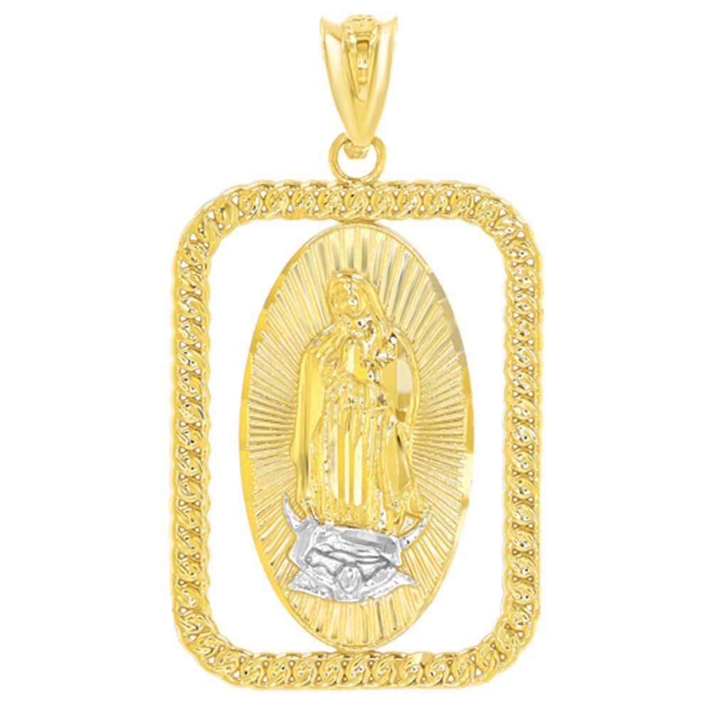 14K Yellow Gold Square Virgin Mary Guadalupe Charm Saint Medallion Pendant