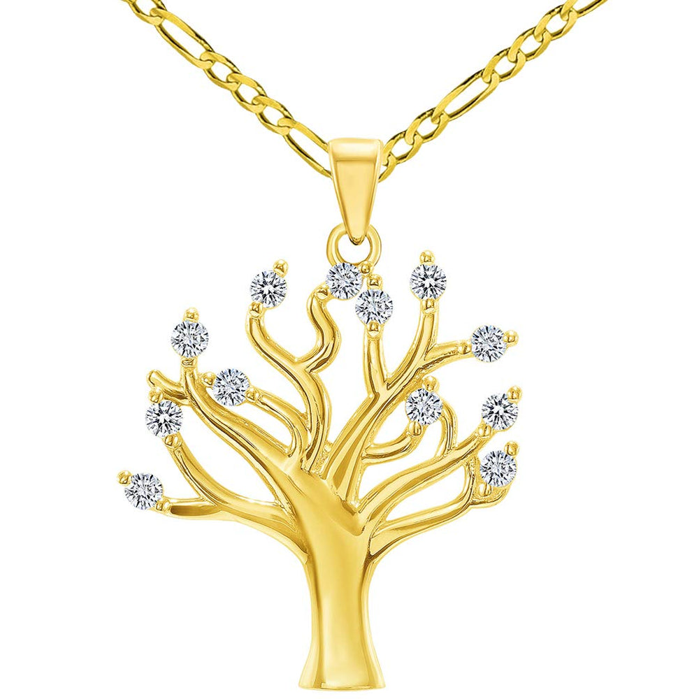 14k Yellow Gold High Polish Cubic-Zirconia Tree of Life Pendant with Figaro Chain Necklace